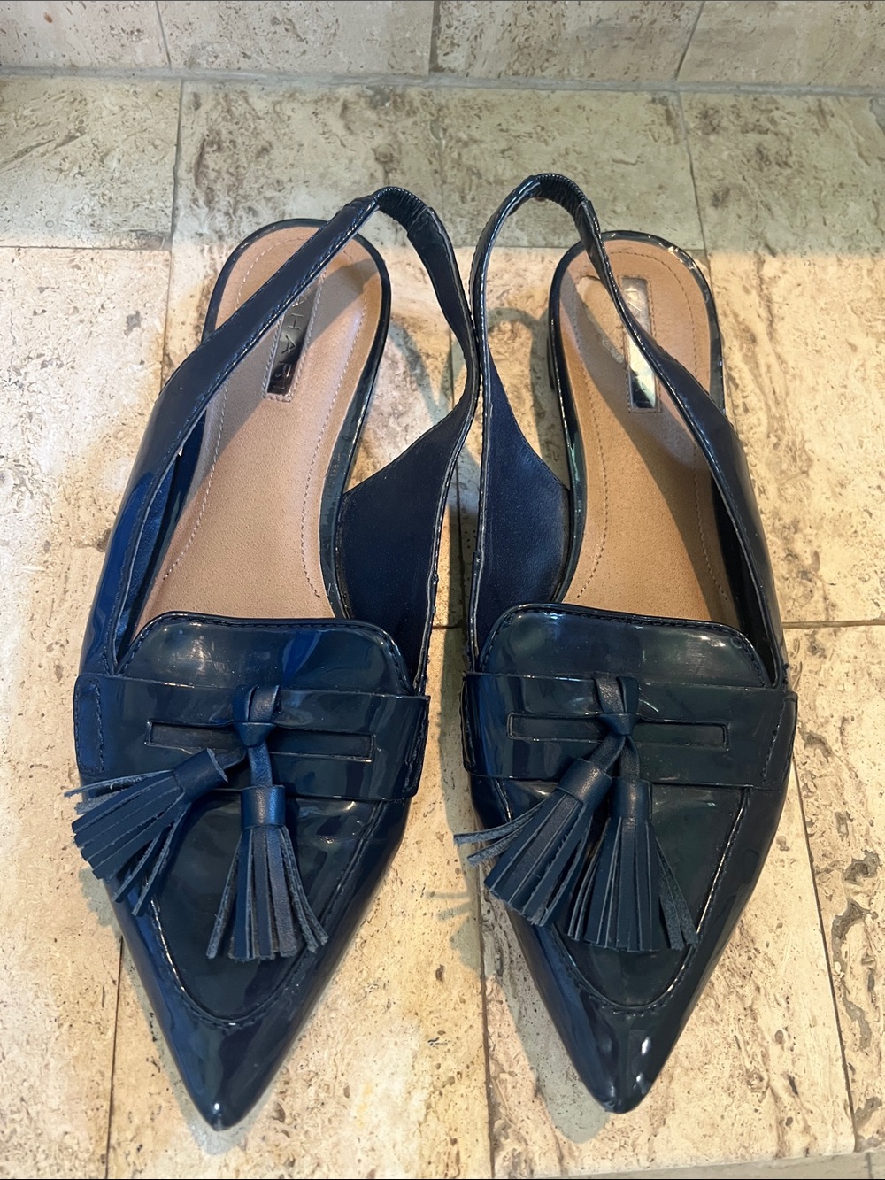 Tahari Navy Patent Pointed Slingback Flats with Tassels